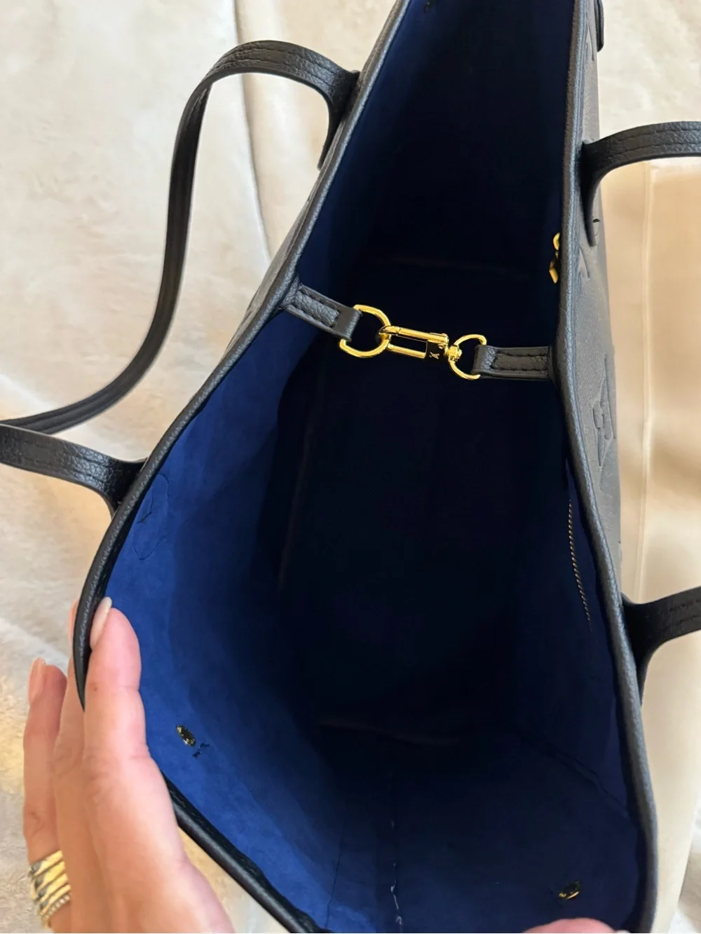 Louis Vuitton-Style Black Empreinte Tote – Royal Blue Interior w/Dust Bag VGUC